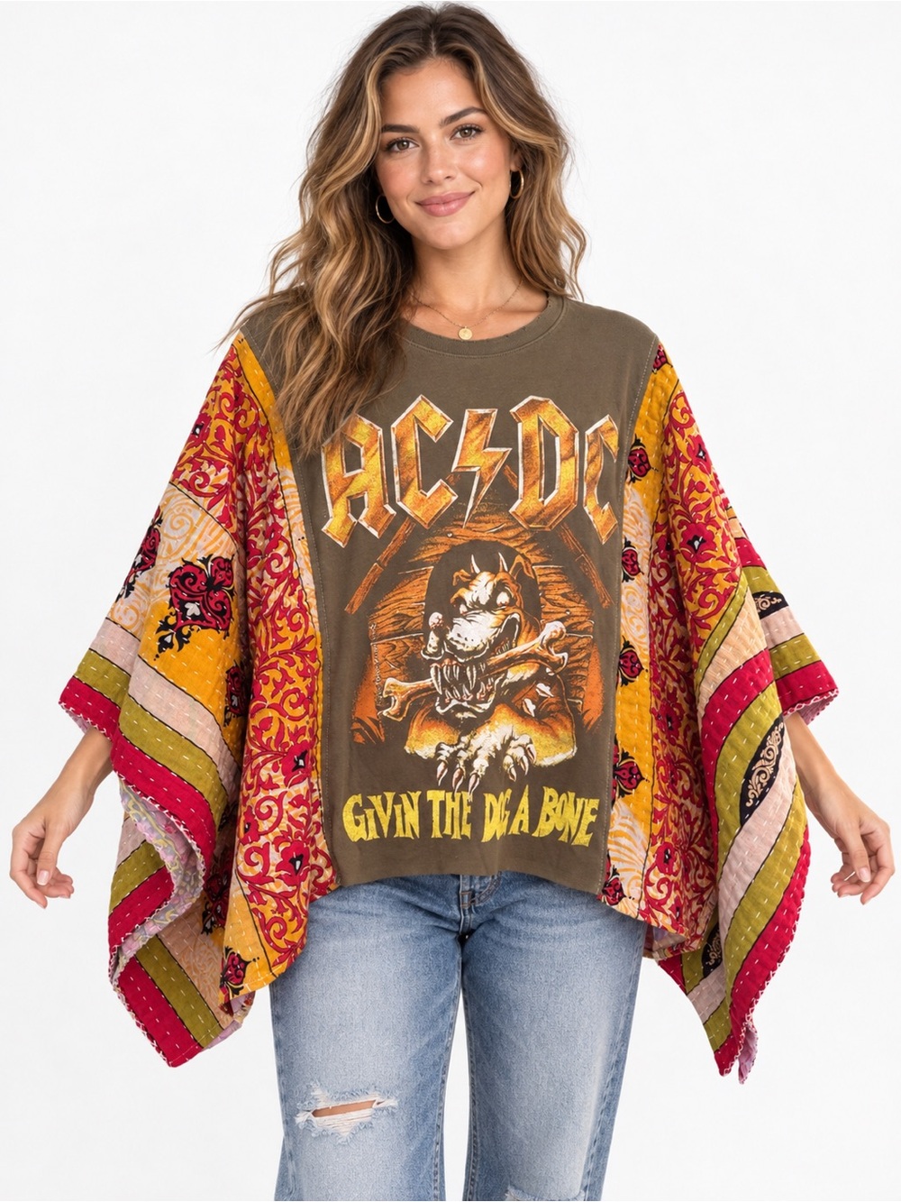 AC/DC Givin the Dog a Bone Upcycled Kantha Tunic Oversized Rock Boho